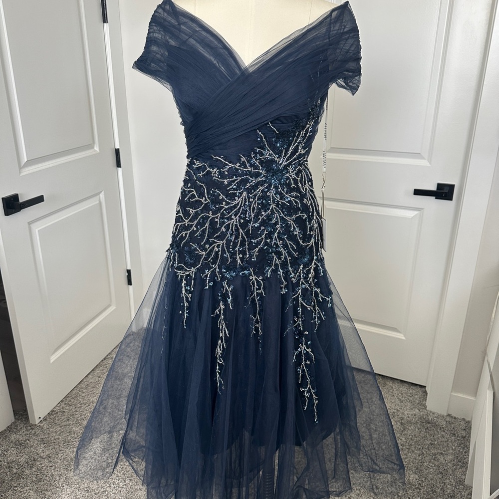 Tarik Ediz Designer Navy Blue Embellished Evening Dress